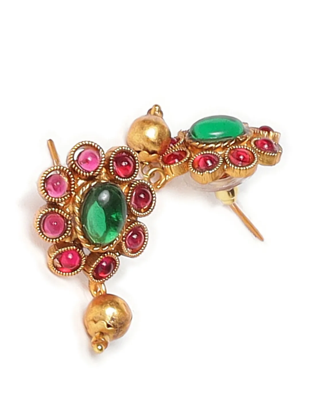 Gold-Plated Pink & Green Stone-Studded & Beaded Handcrafted Jewellery Set