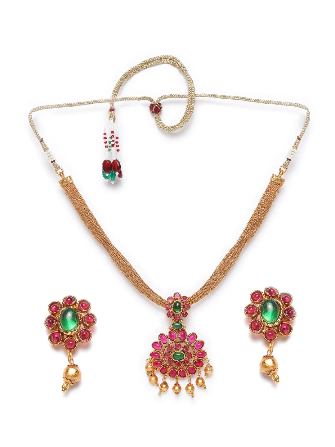 Gold-Plated Pink & Green Stone-Studded & Beaded Handcrafted Jewellery Set