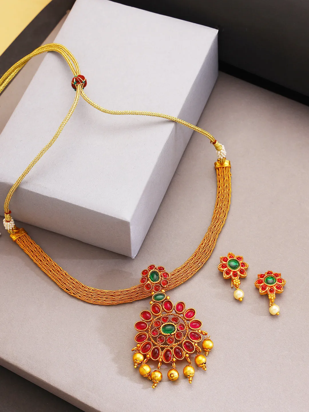 Gold-Plated Pink & Green Stone-Studded & Beaded Handcrafted Jewellery Set