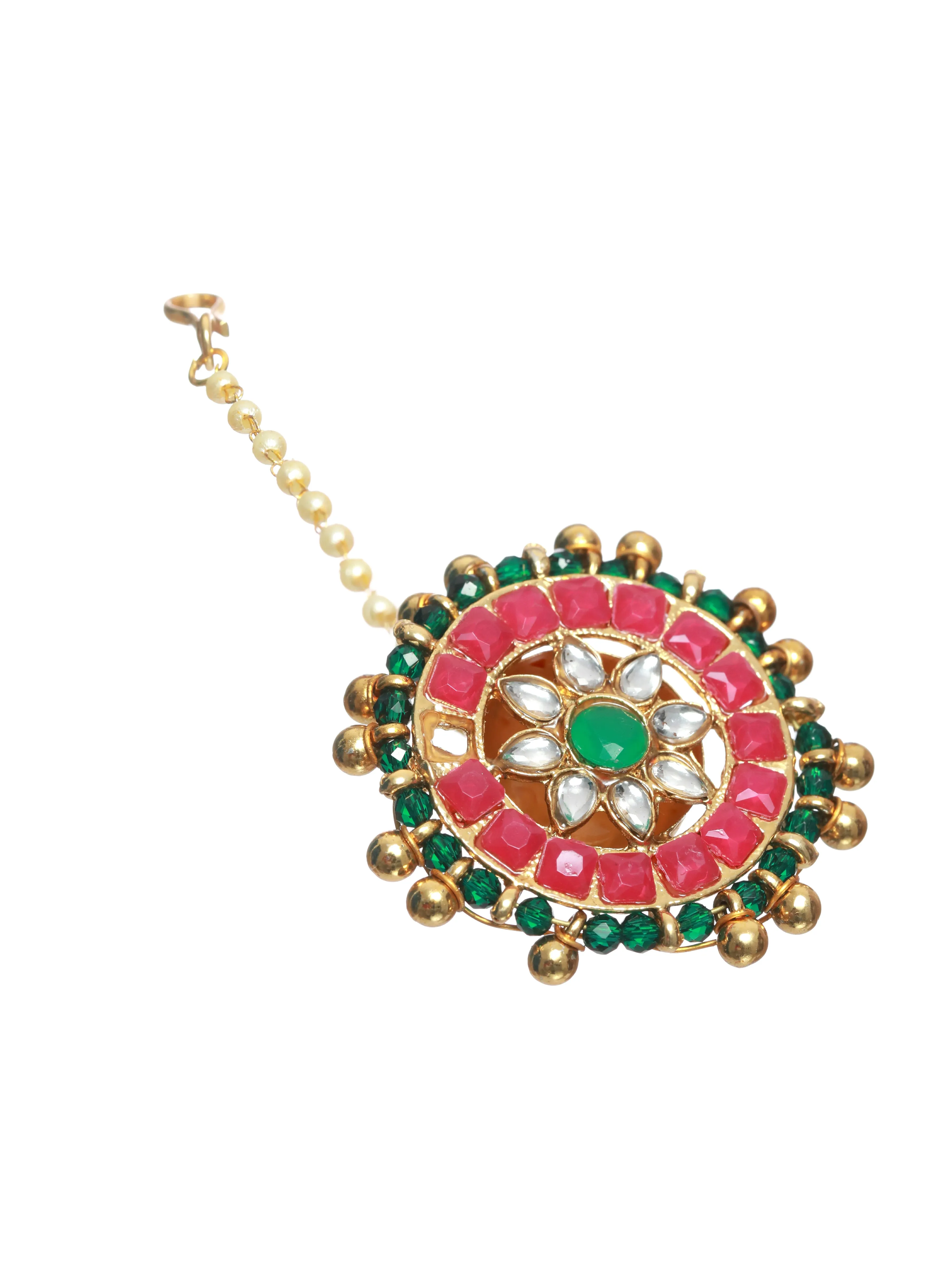 Gold-Toned Green & Pink Kundan Stone Studded & Pearls Beaded Traditional Borla