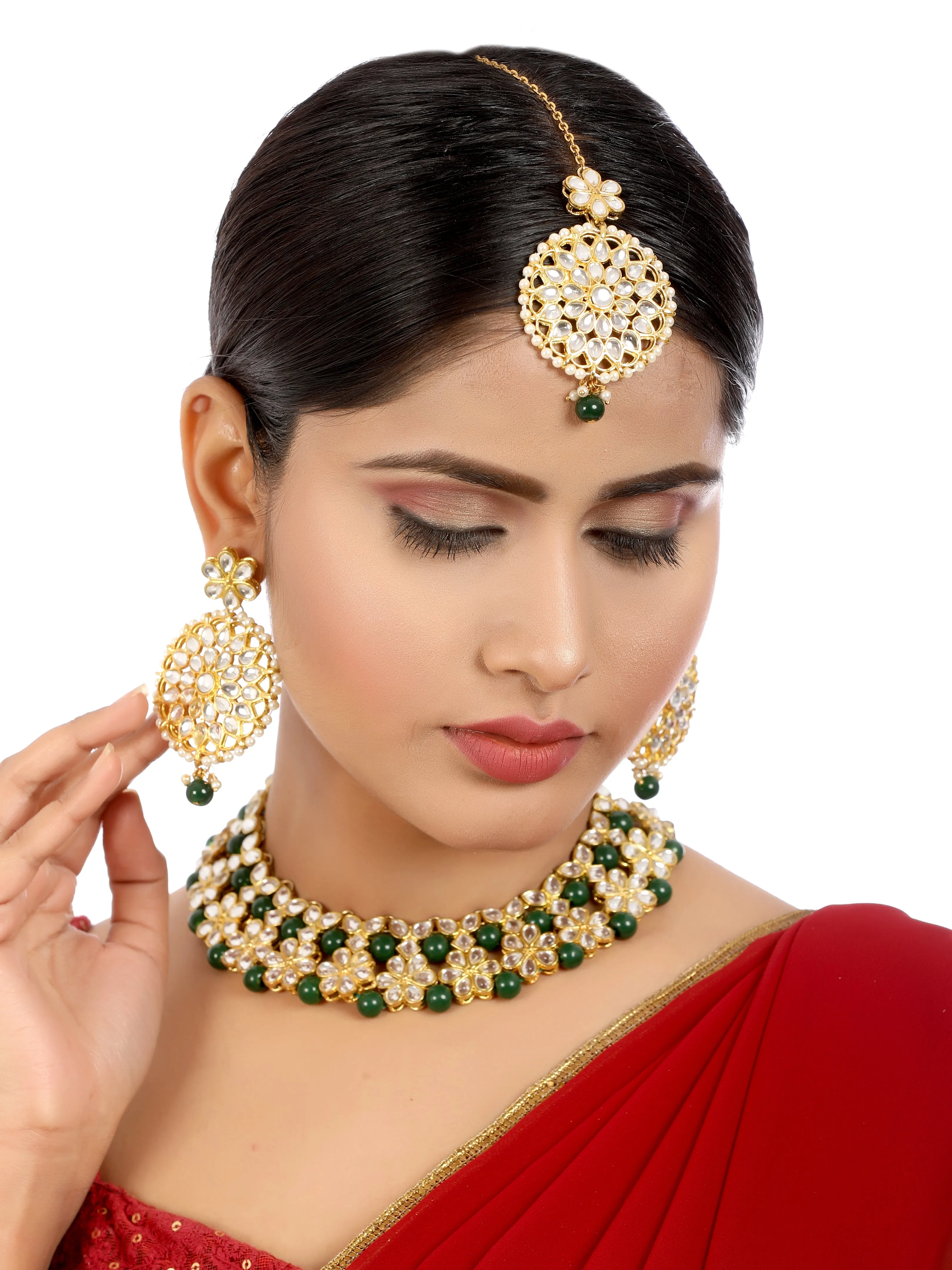 Green Beads Studded Kundan Choker Necklace Set