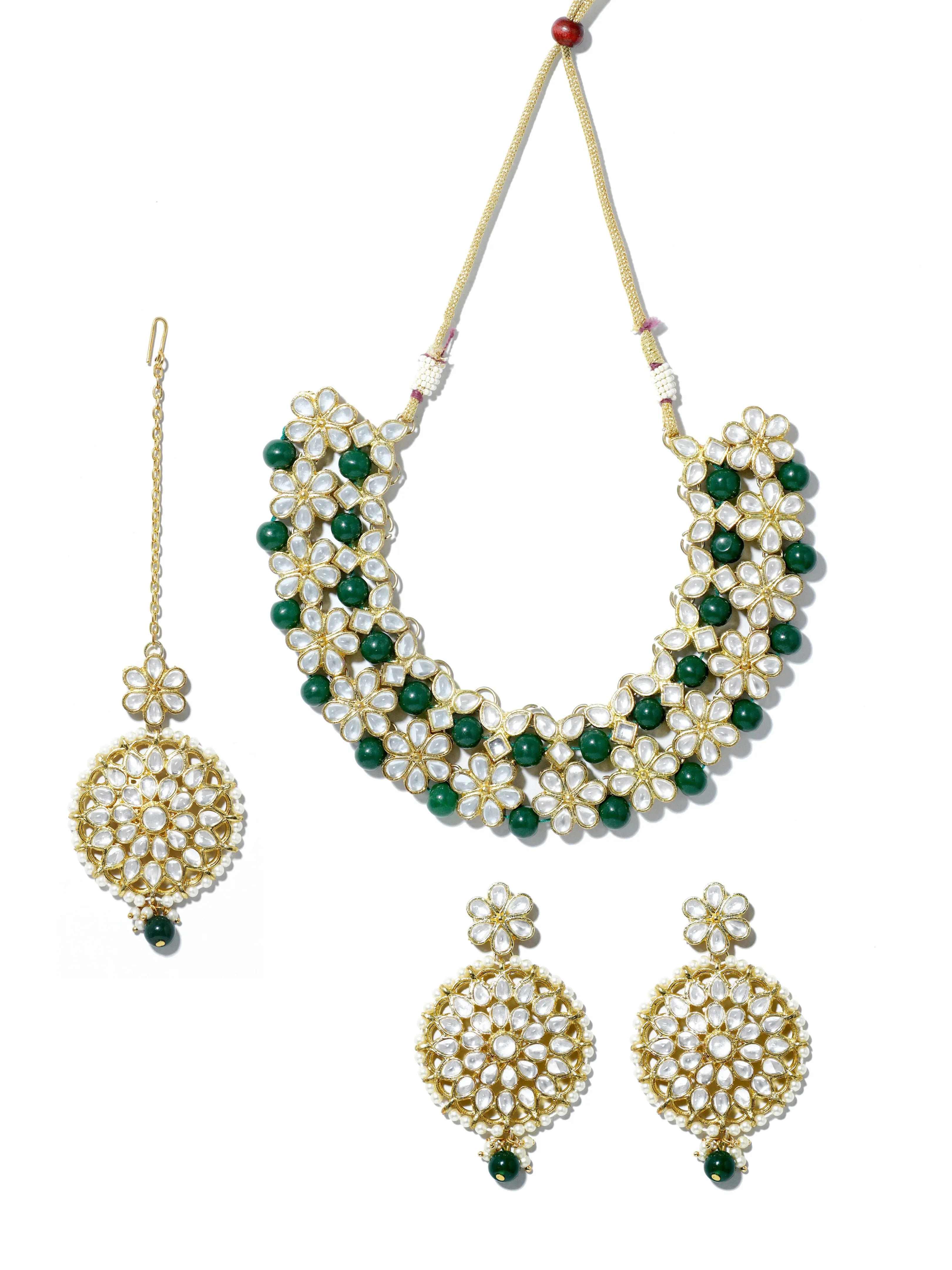 Green Beads Studded Kundan Choker Necklace Set