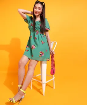 Green Colour Above Knee Floral Dress