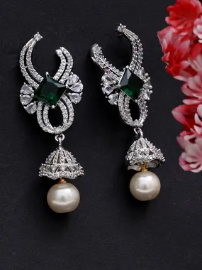 Green Cubic Zirconia and American Diamond Studded Jhumki Earrings