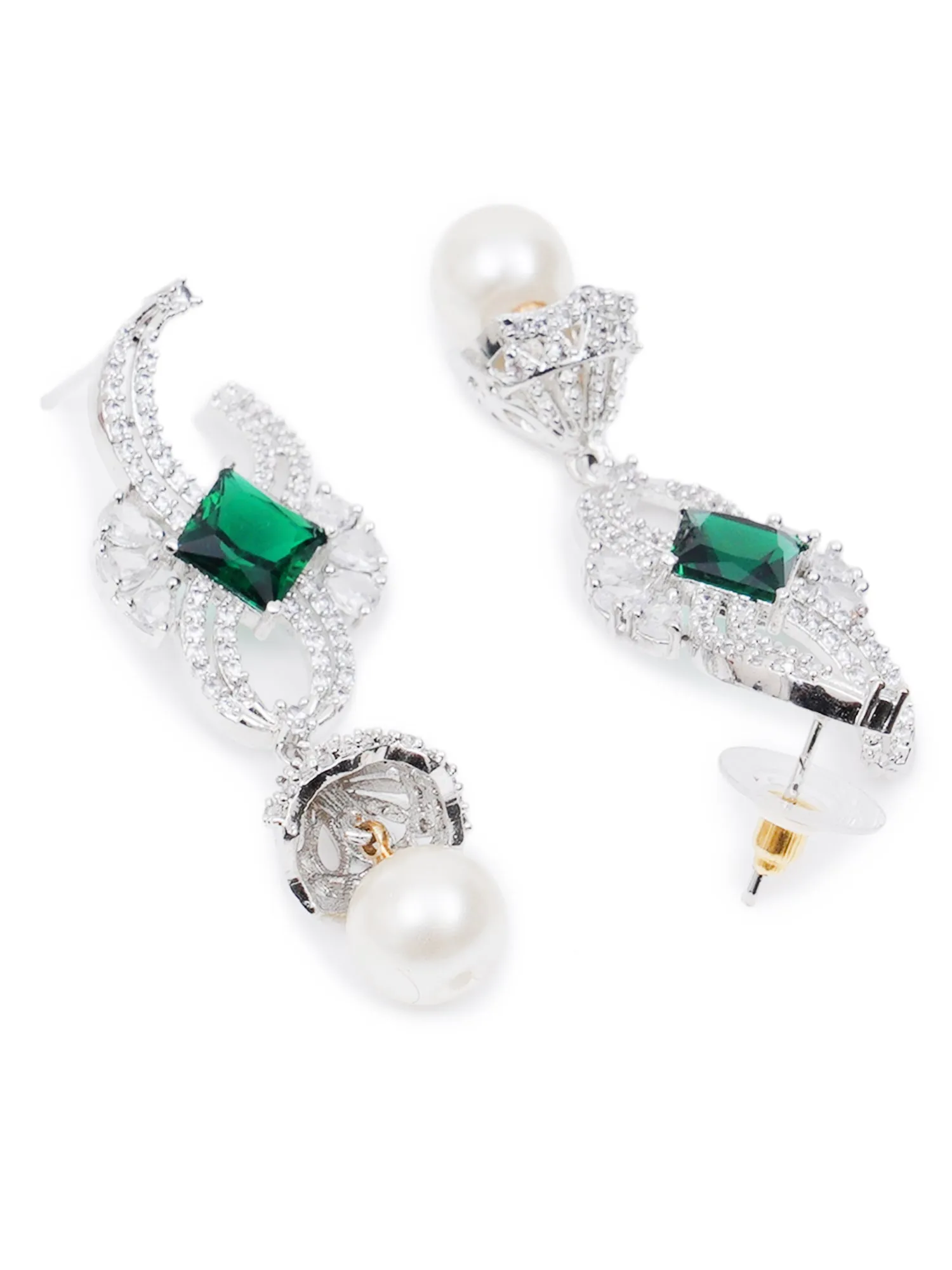 Green Cubic Zirconia and American Diamond Studded Jhumki Earrings