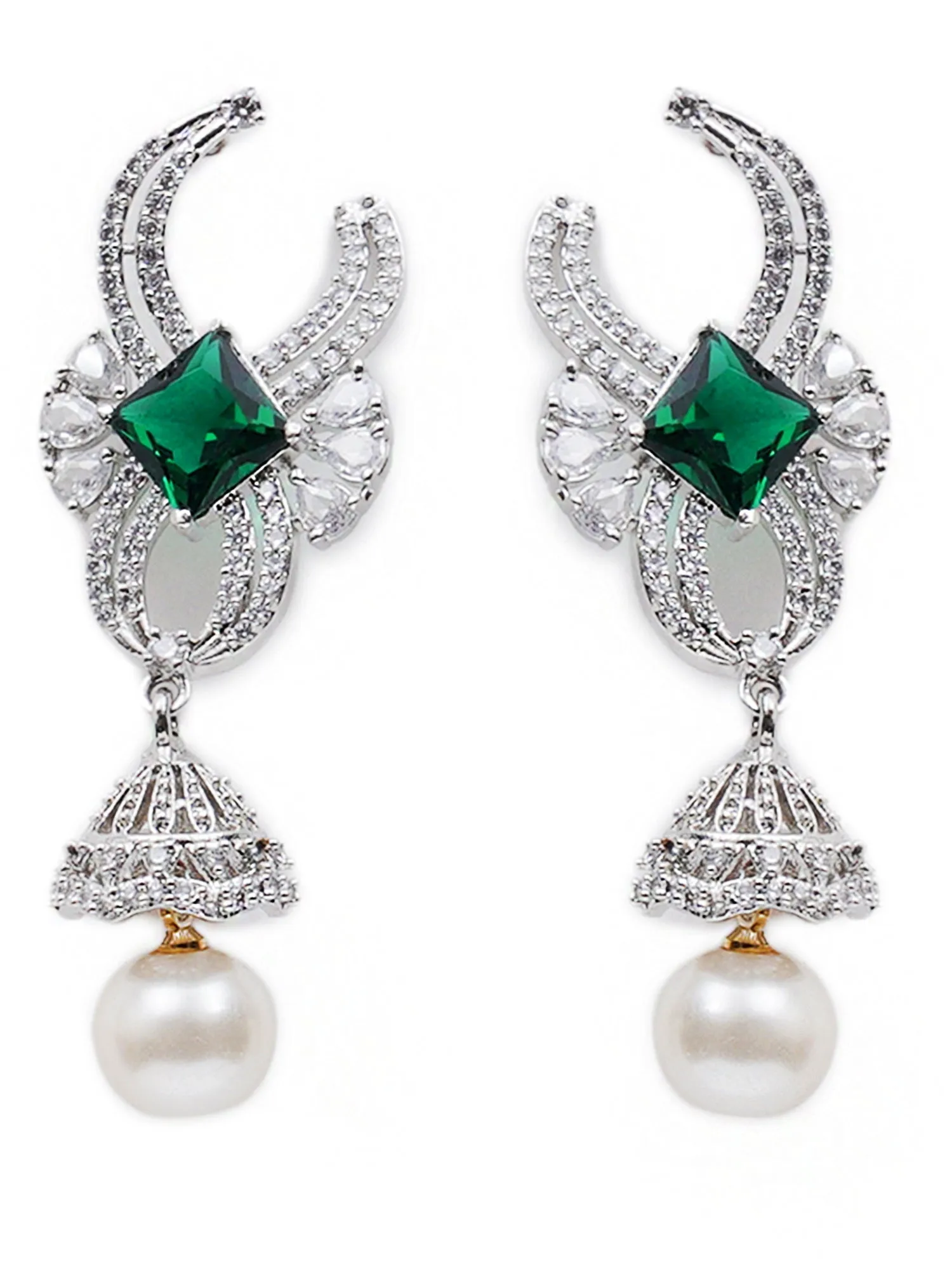 Green Cubic Zirconia and American Diamond Studded Jhumki Earrings