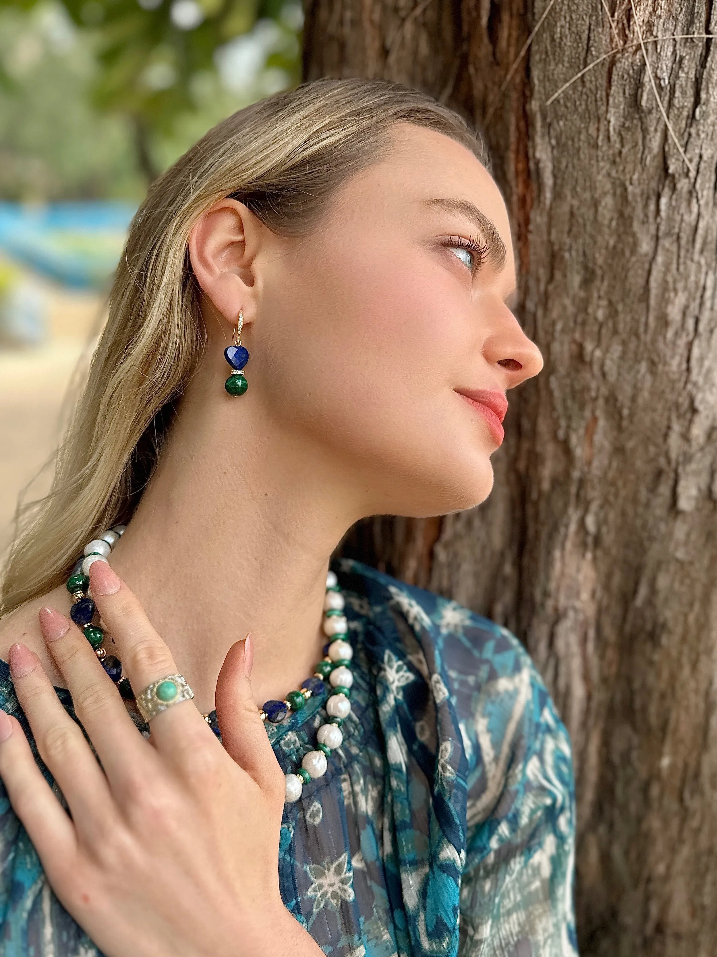 Heart-Shaped Lapis with Round Malachite Earrings LE032