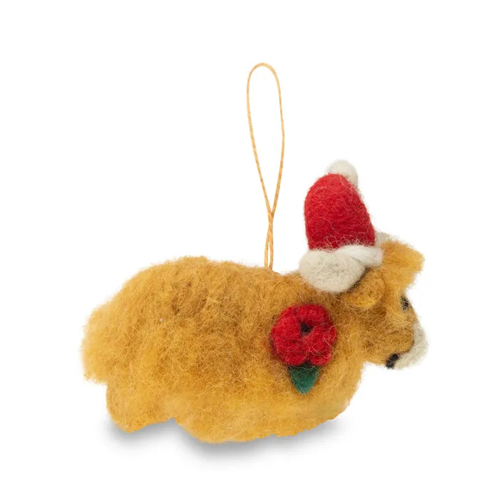 Highland Cow with Santa Hat Poppy Felt Christmas Decoration