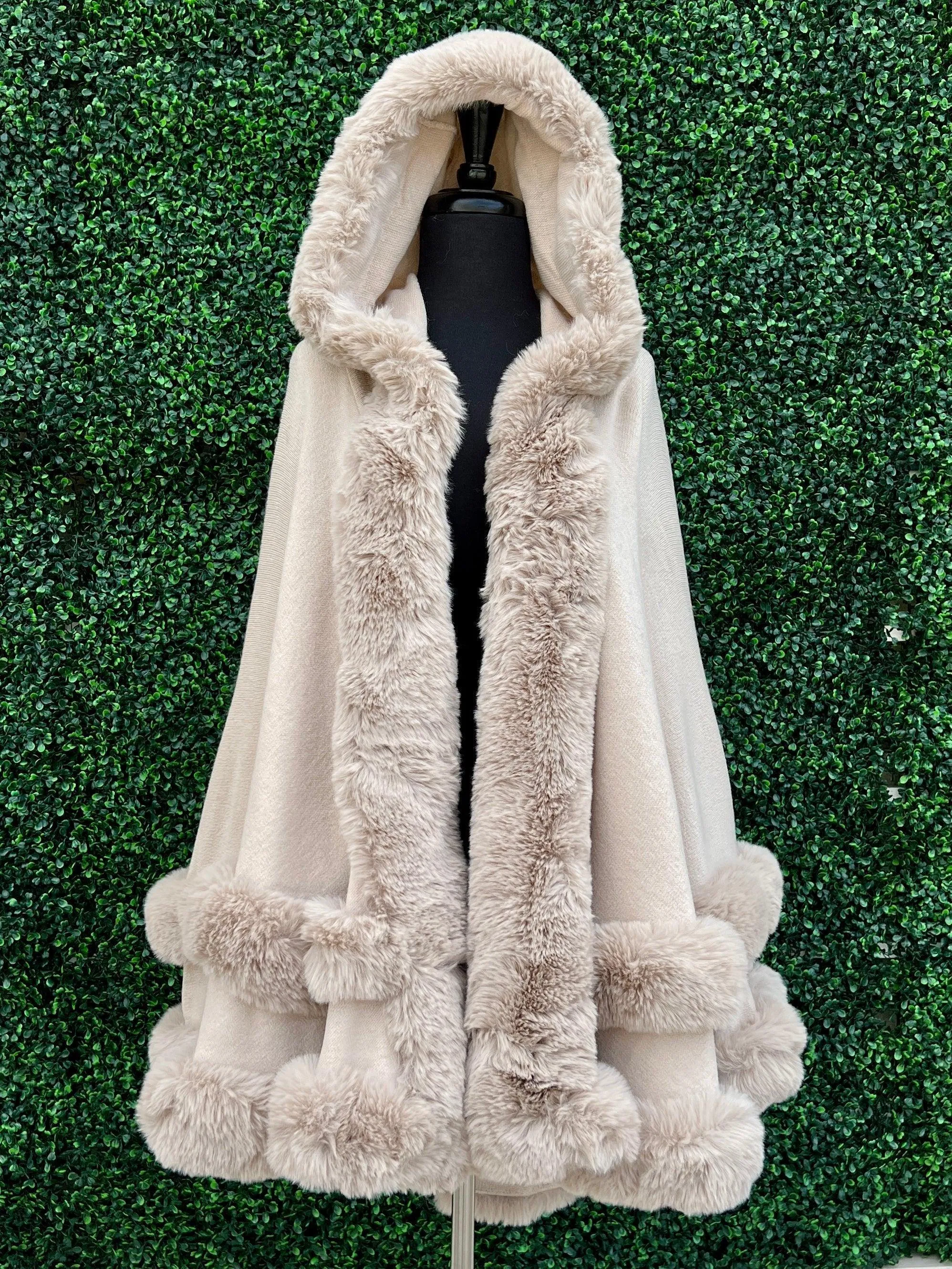 Hooded Double Faux Fur Cape