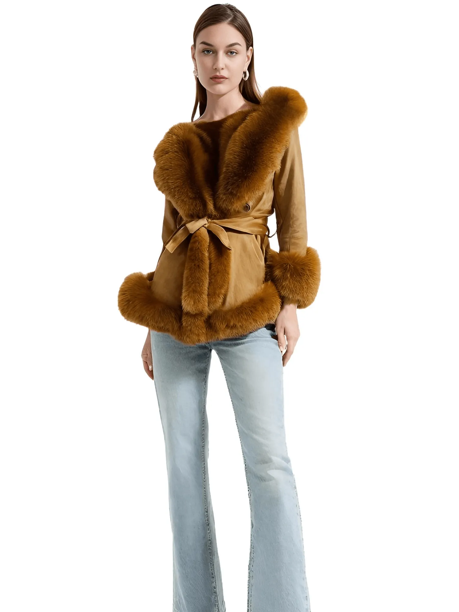 Hooded Fur Coats For Women With Belt and Fur Lining Inside