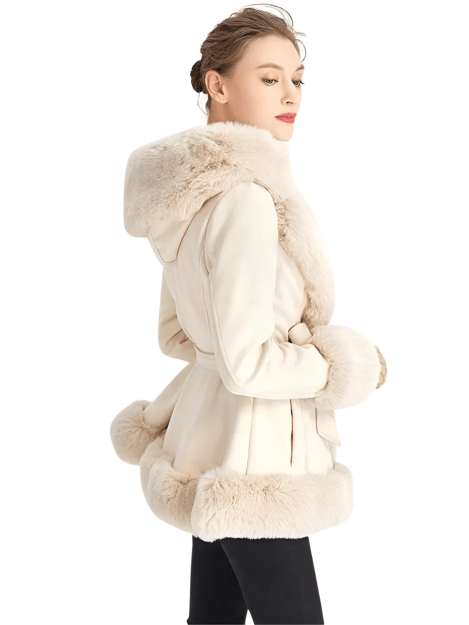 Hooded Fur Coats For Women With Belt and Fur Lining Inside