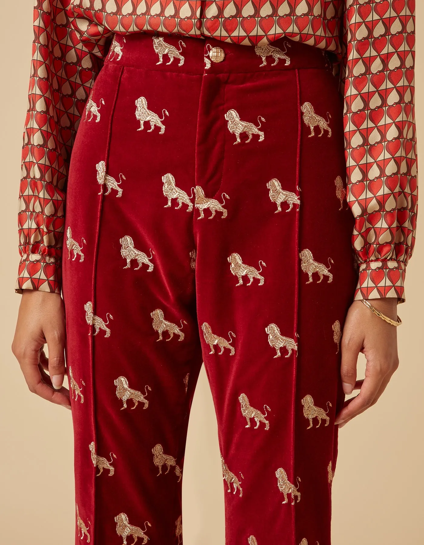 Kelly Gold Lion Print Velvet Flared Trousers