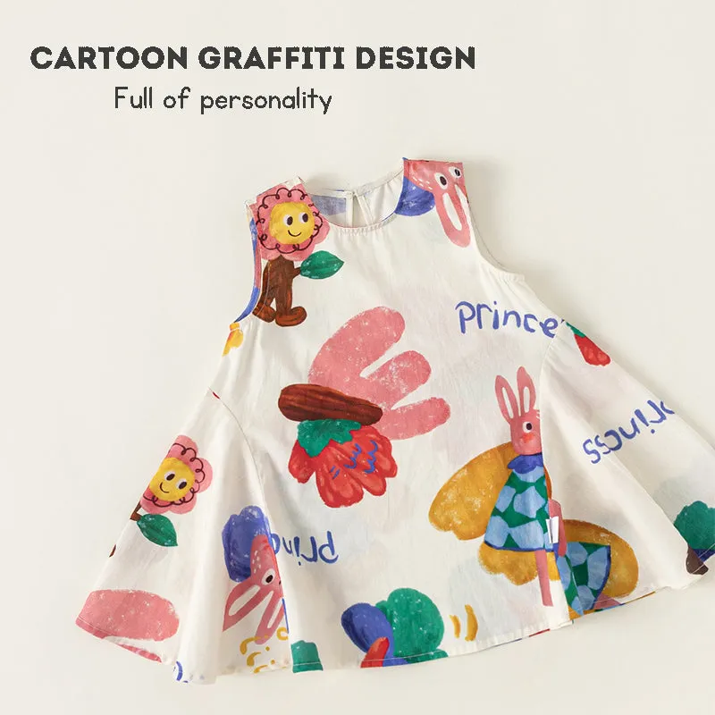 Kid’s cotton Sleeveless Dress Summer cartoon graffiti Dress 2-6 Years Old