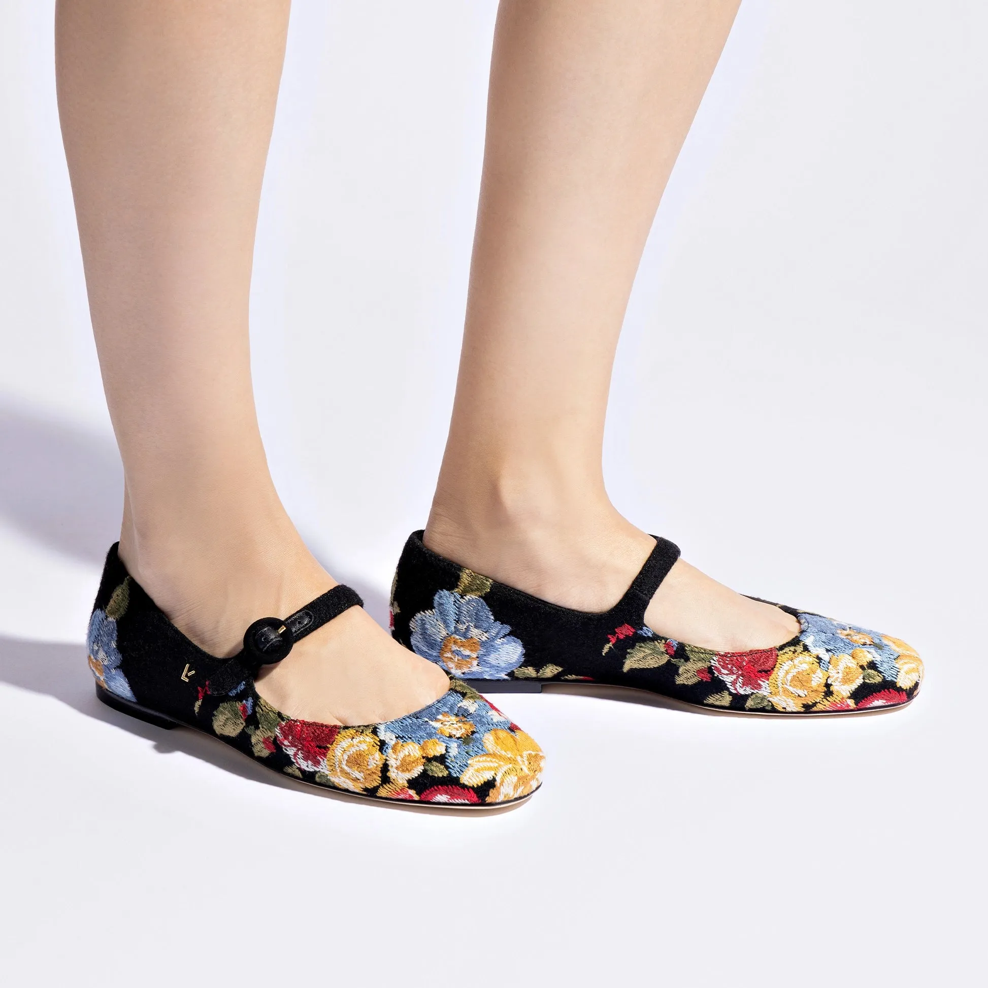 Larroudé x Markarian Flat In Floral Wool and Black Embroidery