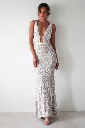 Lorenza Plunge Sequin Gown | Nude/White