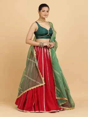 Madhuri Ishika 3-Piece Lehenga Set | Red Lehenga, Bottle Green Blouse | With Panna Emerald Green Dupatta