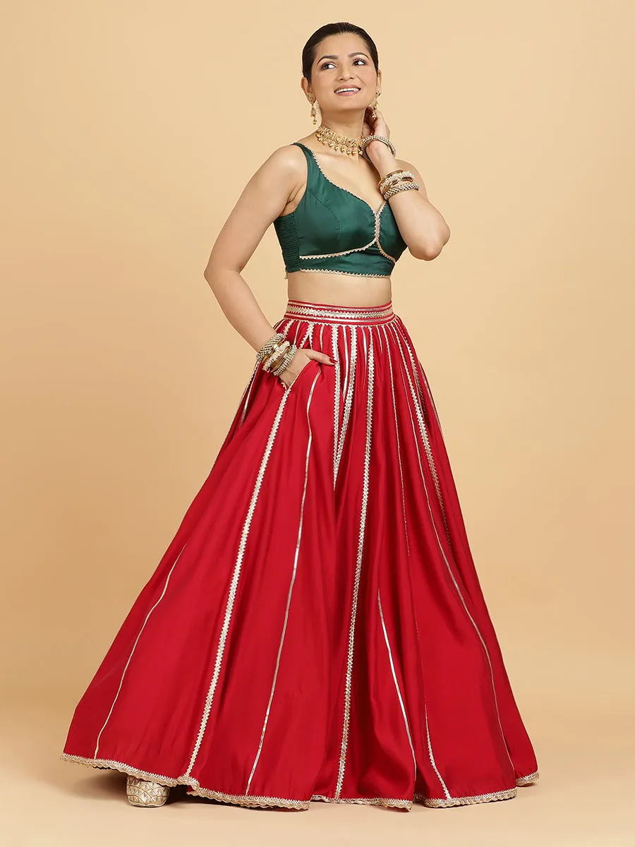 Madhuri Ishika 3-Piece Lehenga Set | Red Lehenga, Bottle Green Blouse | With Panna Emerald Green Dupatta