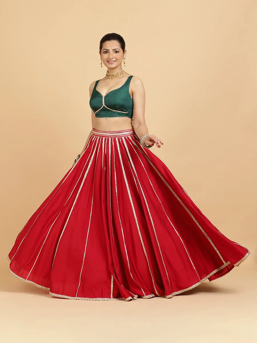 Madhuri Ishika 3-Piece Lehenga Set | Red Lehenga, Bottle Green Blouse | With Panna Emerald Green Dupatta