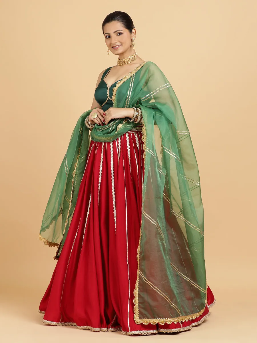 Madhuri Ishika 3-Piece Lehenga Set | Red Lehenga, Bottle Green Blouse | With Panna Emerald Green Dupatta