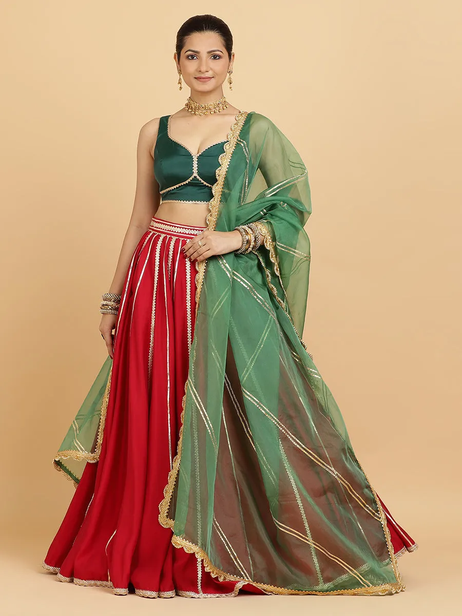 Madhuri Ishika 3-Piece Lehenga Set | Red Lehenga, Bottle Green Blouse | With Panna Emerald Green Dupatta