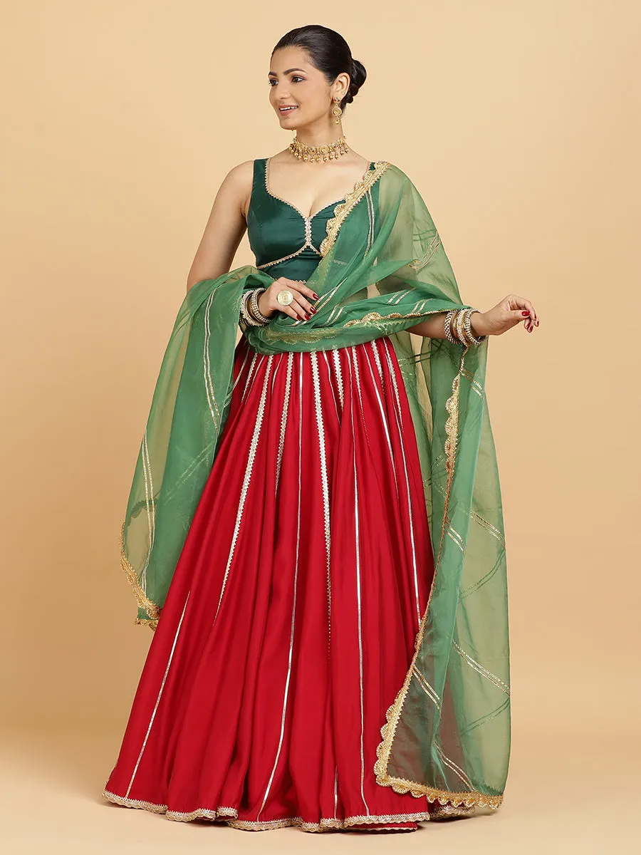 Madhuri Ishika 3-Piece Lehenga Set | Red Lehenga, Bottle Green Blouse | With Panna Emerald Green Dupatta