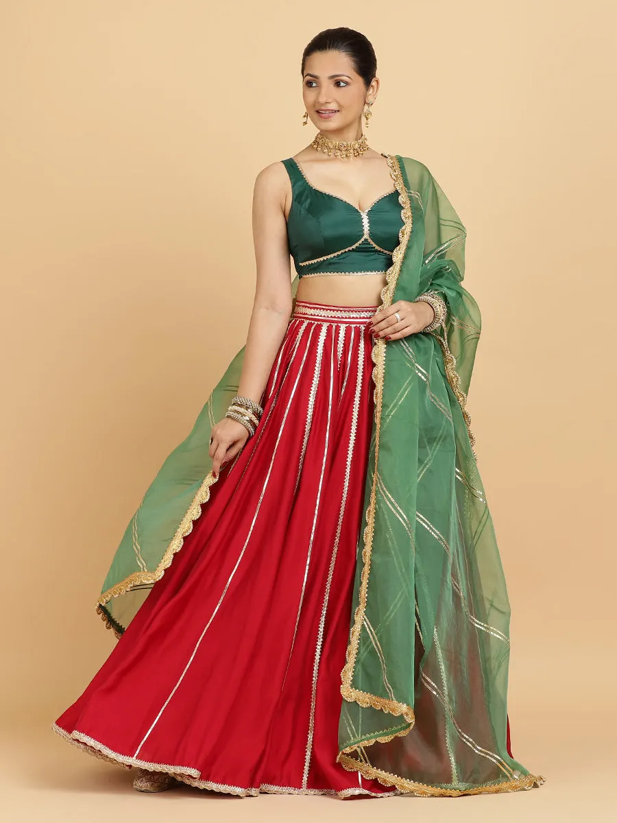 Madhuri Ishika 3-Piece Lehenga Set | Red Lehenga, Bottle Green Blouse | With Panna Emerald Green Dupatta