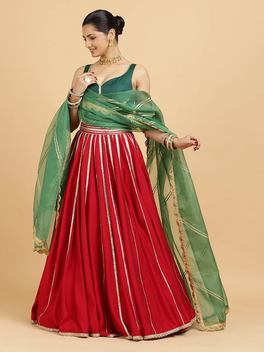 Madhuri Ishika 3-Piece Lehenga Set | Red Lehenga, Bottle Green Blouse | With Panna Emerald Green Dupatta