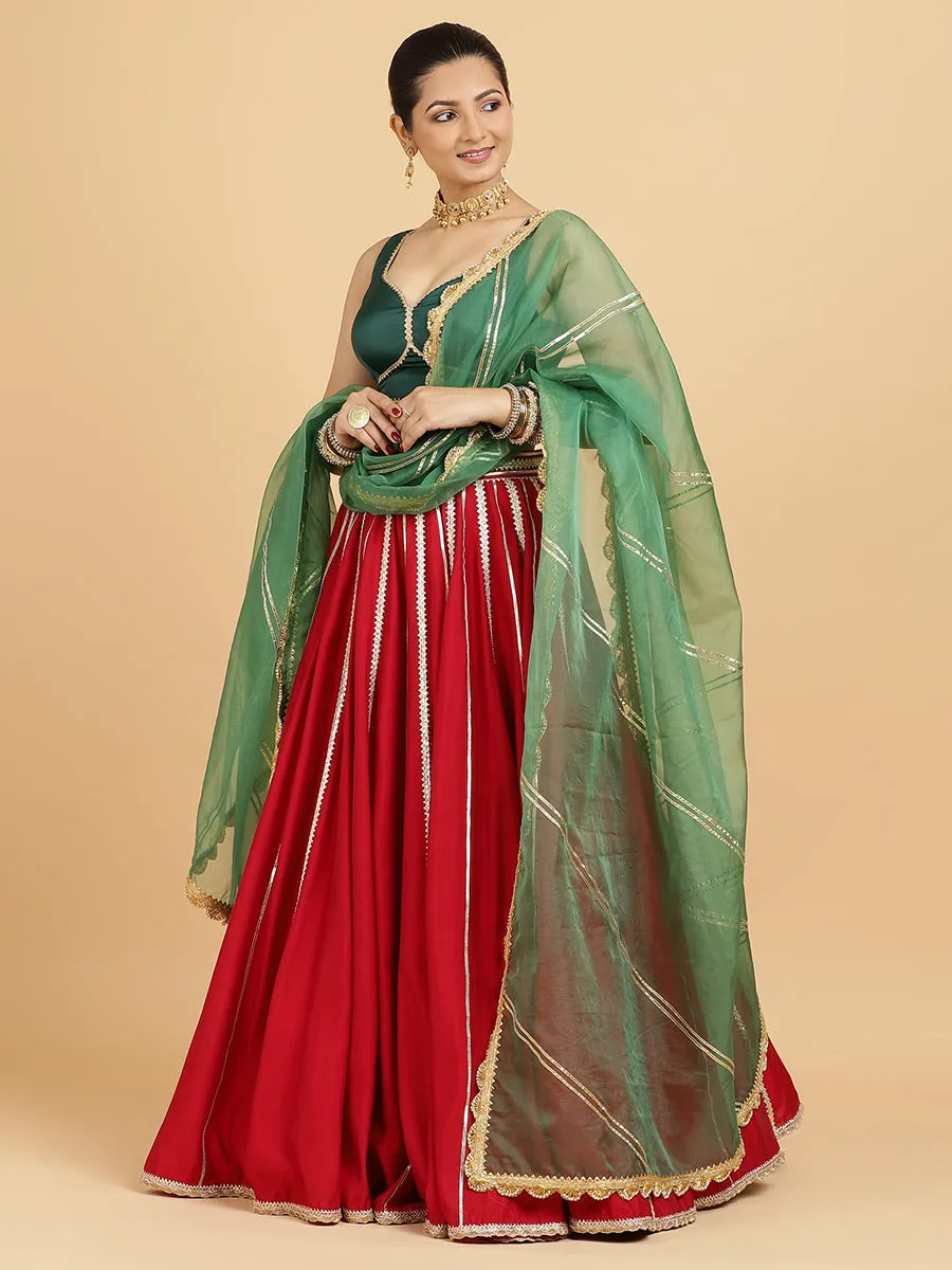 Madhuri Ishika 3-Piece Lehenga Set | Red Lehenga, Bottle Green Blouse | With Panna Emerald Green Dupatta