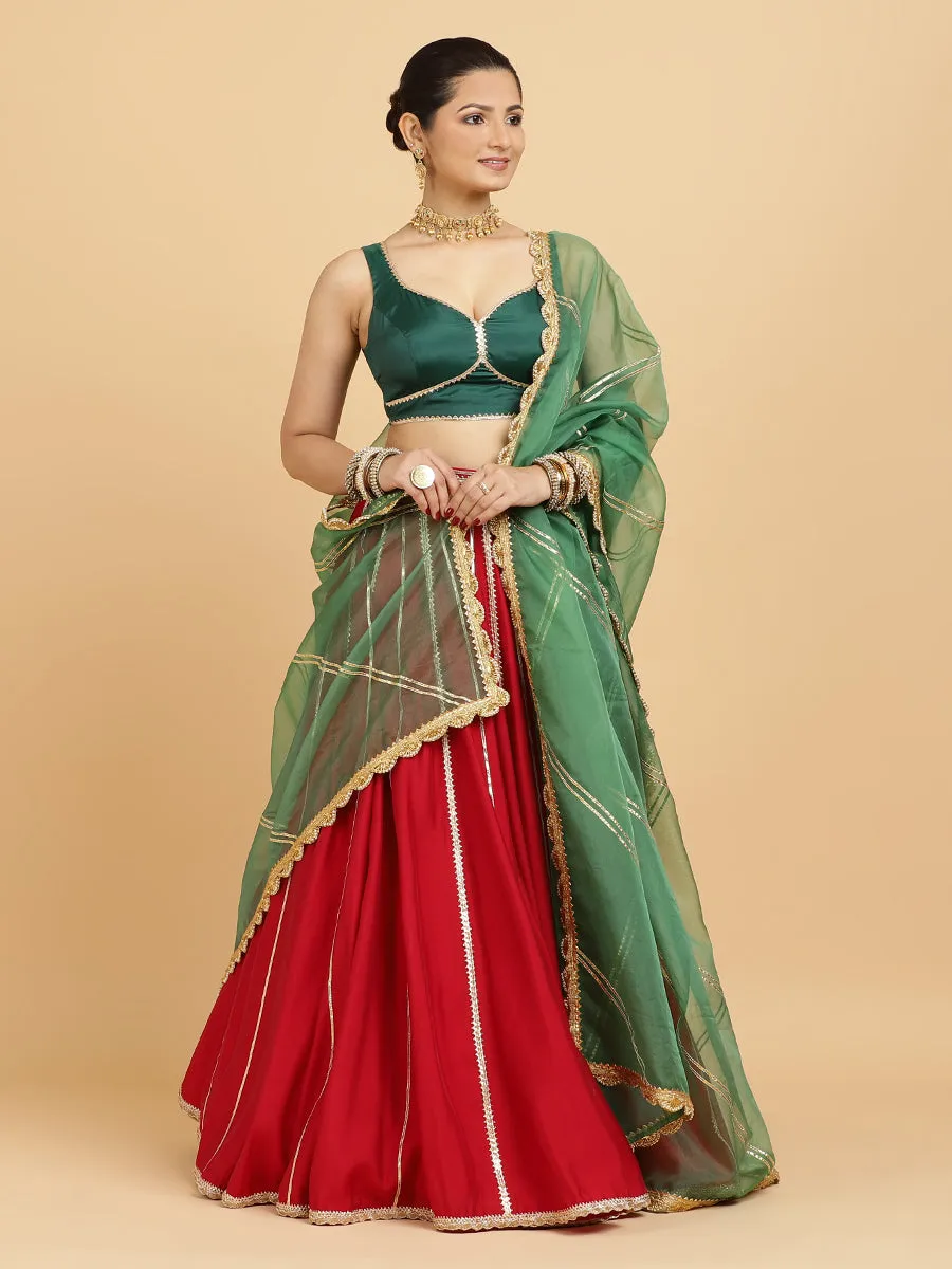 Madhuri Ishika 3-Piece Lehenga Set | Red Lehenga, Bottle Green Blouse | With Panna Emerald Green Dupatta