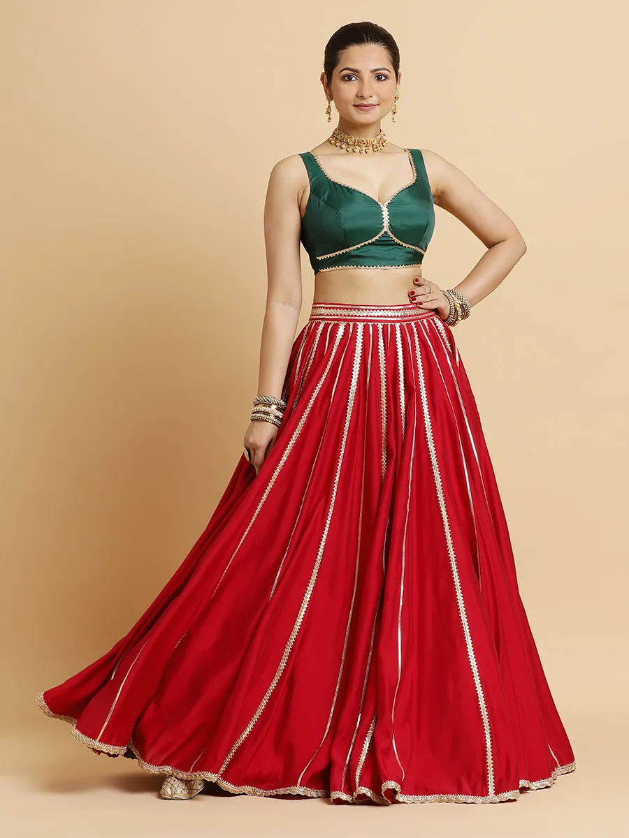 Madhuri Ishika 3-Piece Lehenga Set | Red Lehenga, Bottle Green Blouse | With Panna Emerald Green Dupatta