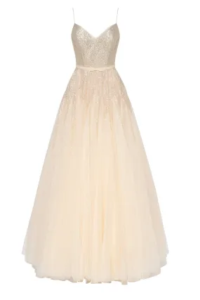 Melon Fitted maxi tulle dress sprinkled with glitter