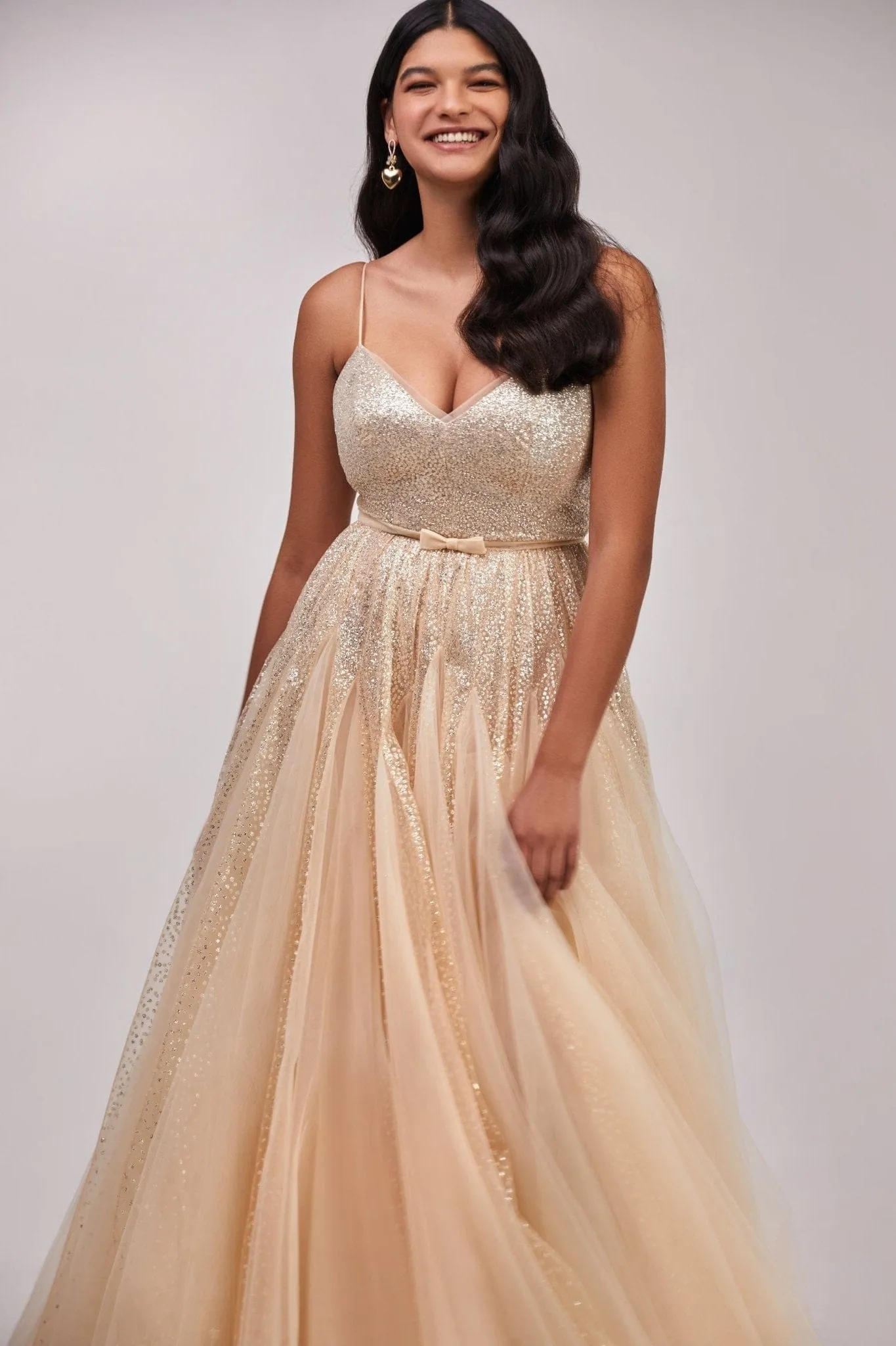 Melon Fitted maxi tulle dress sprinkled with glitter