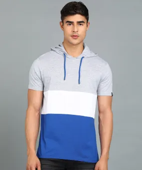 Men's Grey, White, Royal Blue Cotton Slim Fit Half Sleeve Hooded T-Shirt