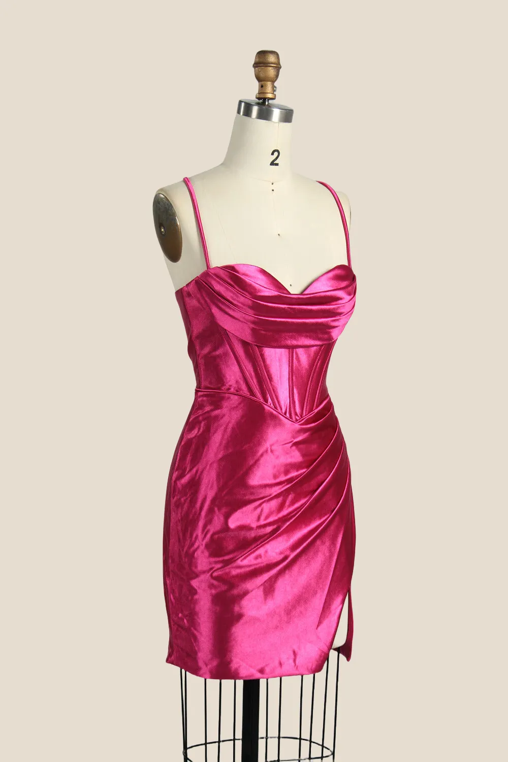 One Shoulder Fuchsia Ruched Tight Short Dress