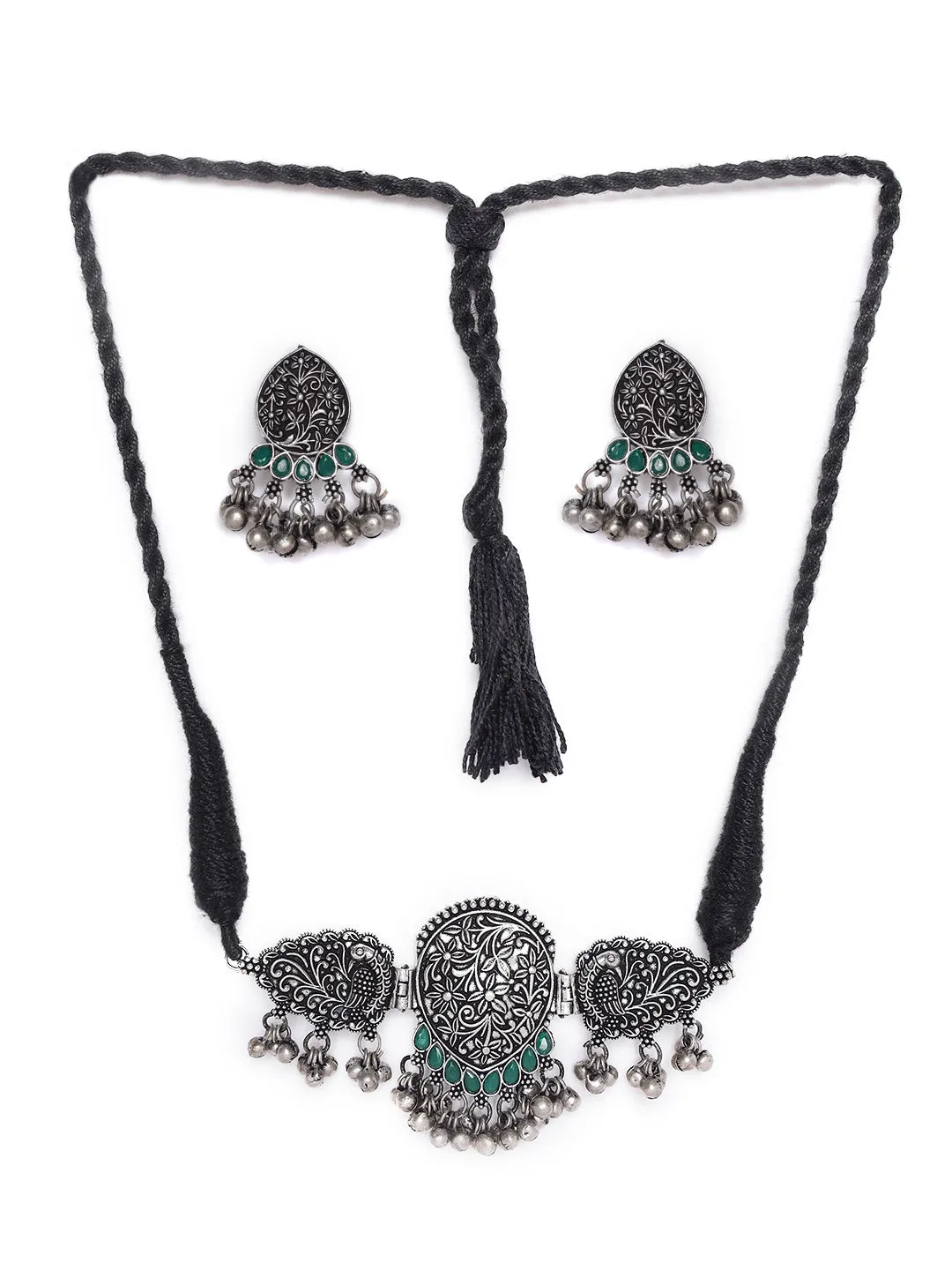 Oxidized Silver-Plated Green Stone-Studded & Beaded Handcrafted Peacock Shaped Jewelry Set