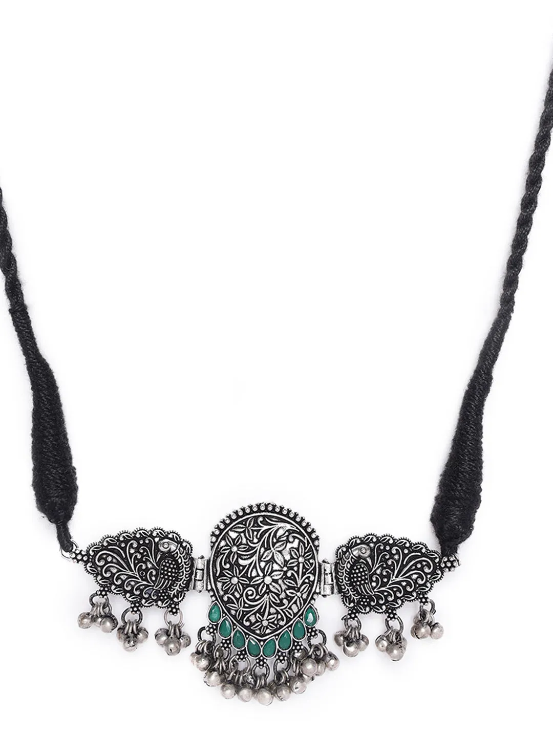 Oxidized Silver-Plated Green Stone-Studded & Beaded Handcrafted Peacock Shaped Jewelry Set