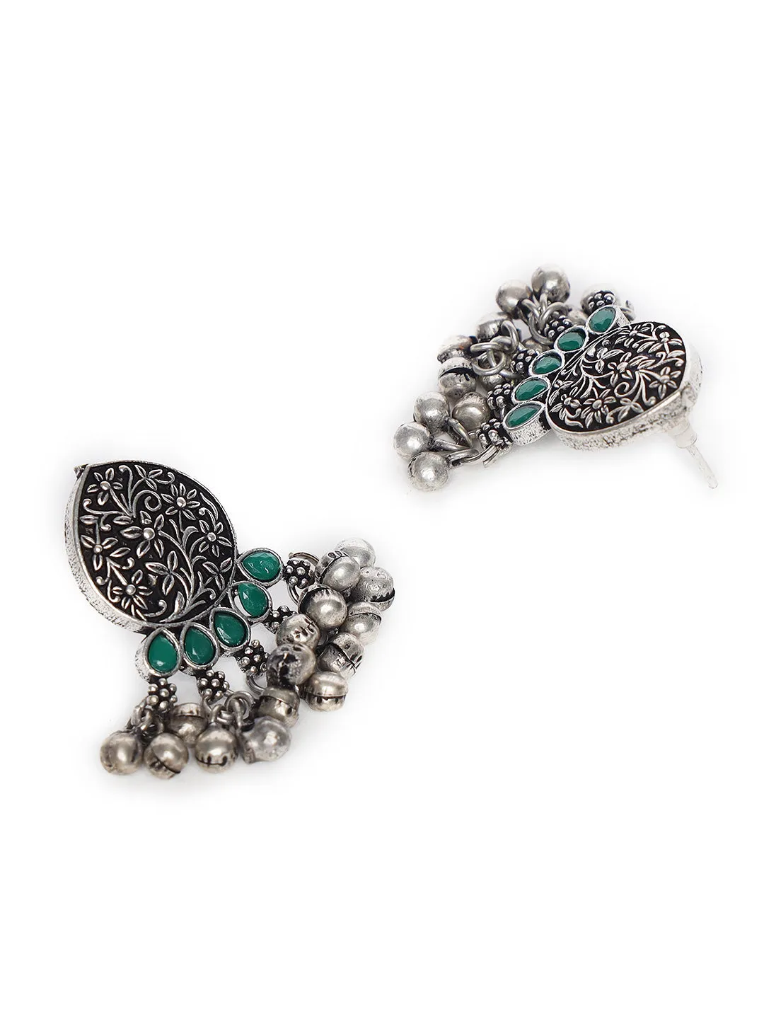 Oxidized Silver-Plated Green Stone-Studded & Beaded Handcrafted Peacock Shaped Jewelry Set