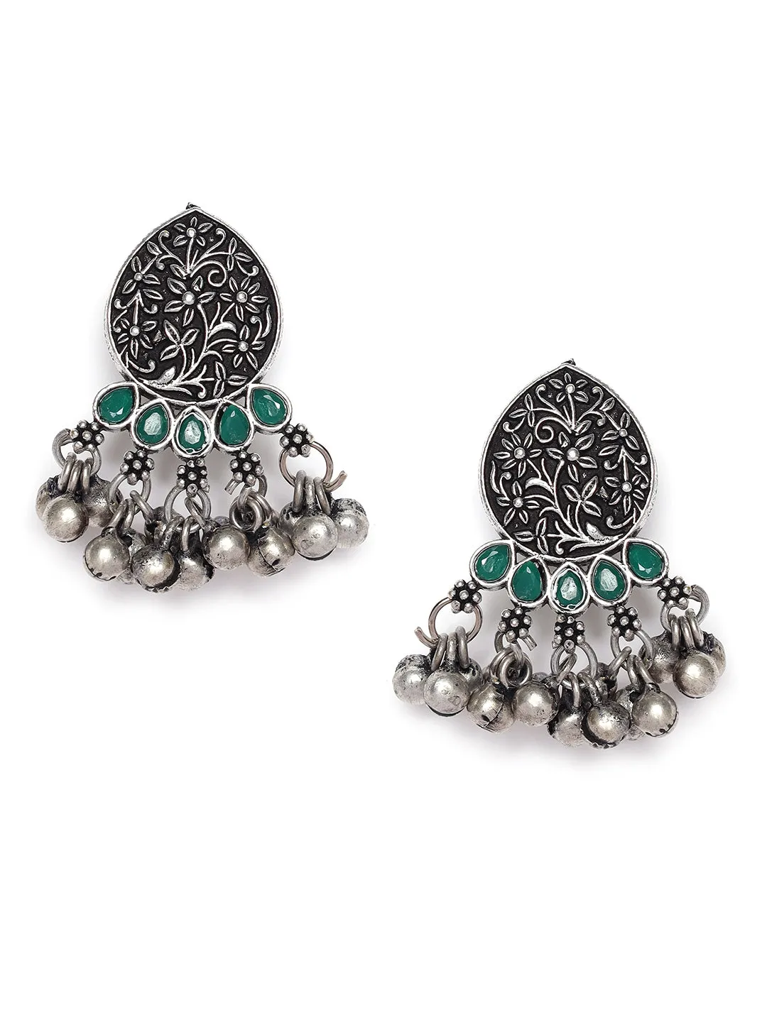 Oxidized Silver-Plated Green Stone-Studded & Beaded Handcrafted Peacock Shaped Jewelry Set