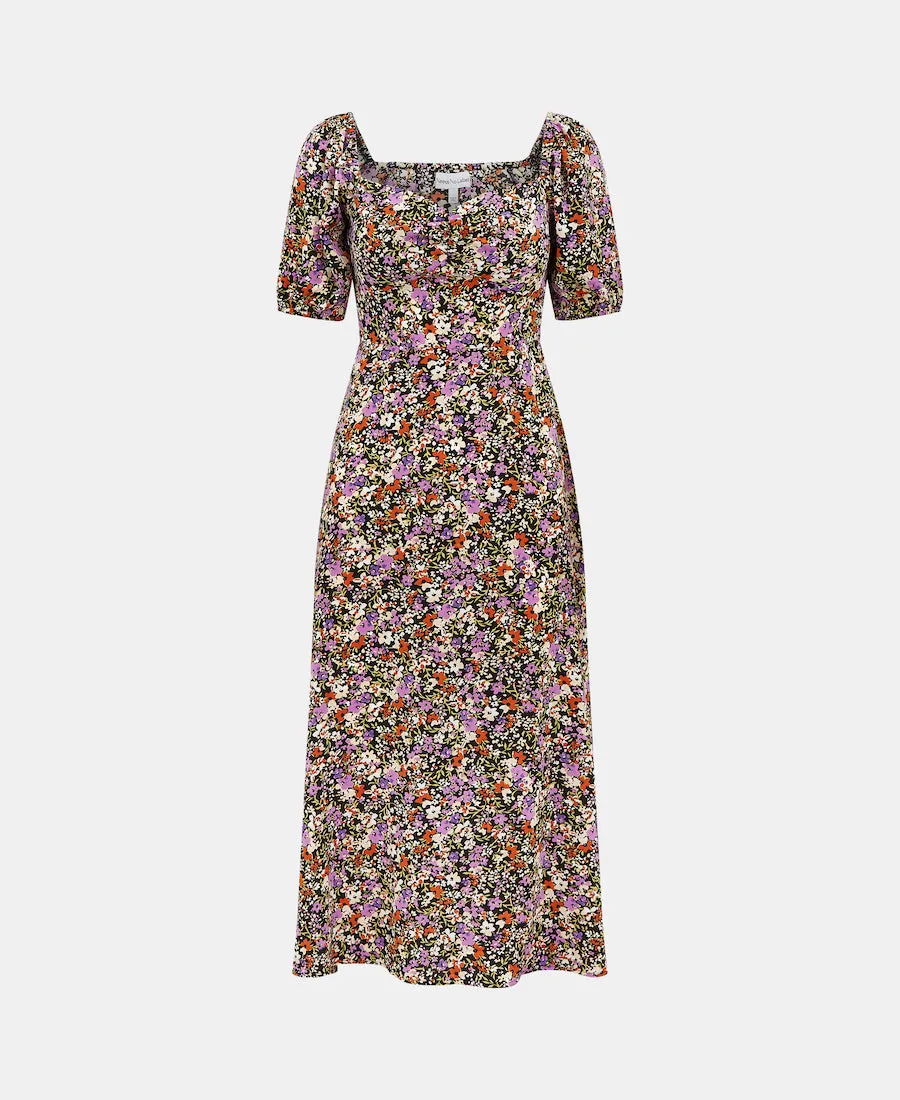 Purple Floral Sweetheart Neck Midi Dress