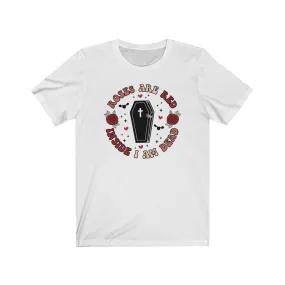 "Roses Are Red, Inside I'm Dead" Red And Pink Hearts And Bats Coffin Tee - Unisex Shirt