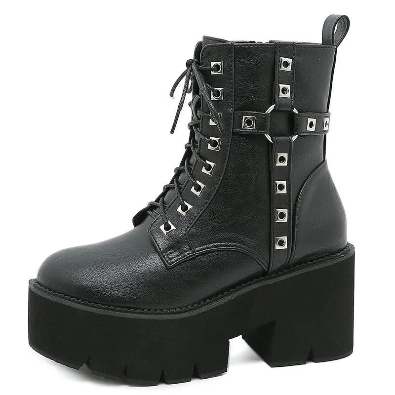 'Raven' Black Goth Alt Studded Strap Boots