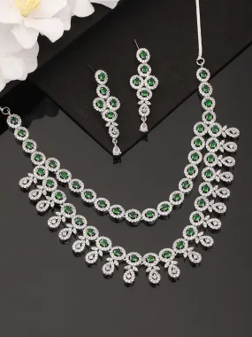 Rhodium-Plated Green American Diamond Studded Handcrafted Jewelry Set