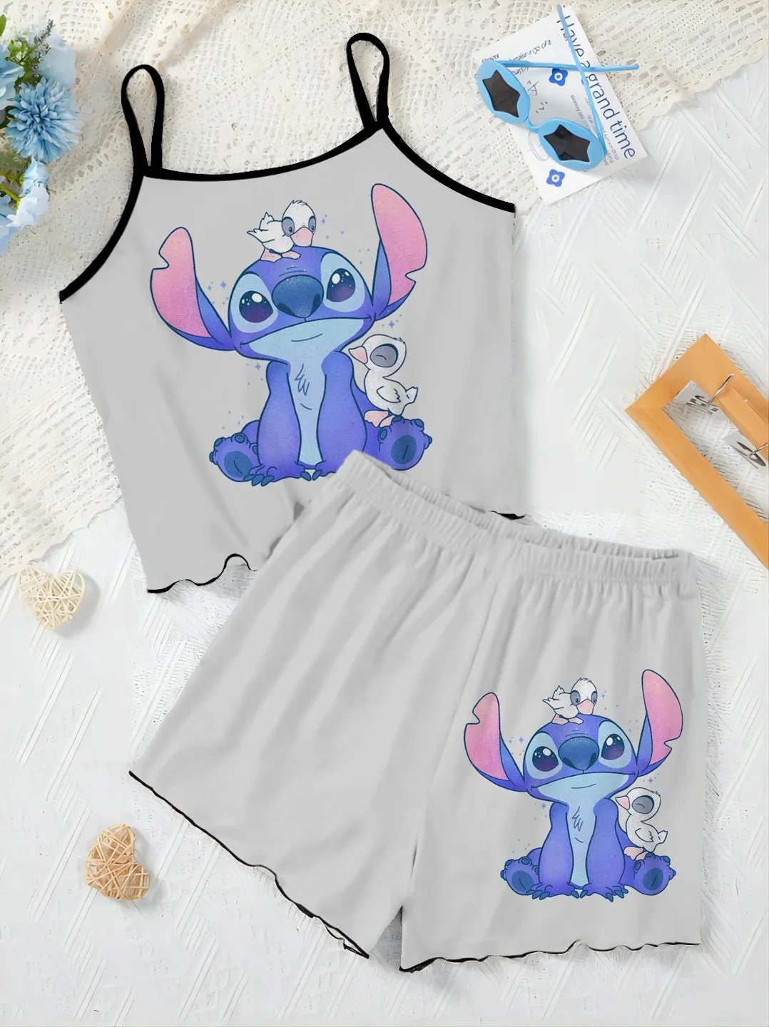 Slip Dress Stitch Elegant Women's Sets Lettuce Trim T-shirt Top Pajama Skirt Disney Pieces Short Piece Outfit Summer Suit Disney