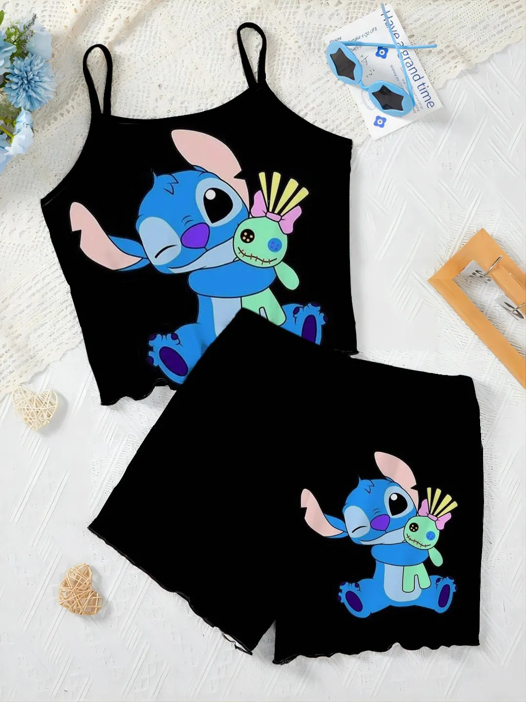 Slip Dress Stitch Elegant Women's Sets Lettuce Trim T-shirt Top Pajama Skirt Disney Pieces Short Piece Outfit Summer Suit Disney