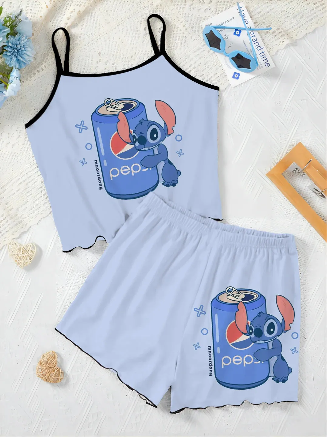 Slip Dress Stitch Elegant Women's Sets Lettuce Trim T-shirt Top Pajama Skirt Disney Pieces Short Piece Outfit Summer Suit Disney