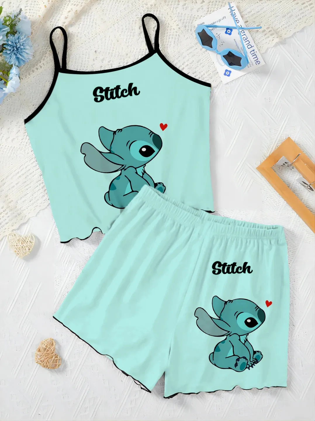 Slip Dress Stitch Elegant Women's Sets Lettuce Trim T-shirt Top Pajama Skirt Disney Pieces Short Piece Outfit Summer Suit Disney