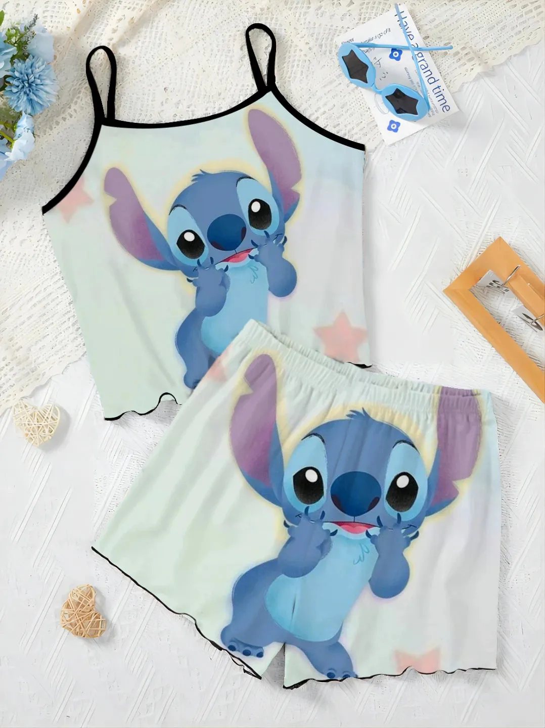 Slip Dress Stitch Elegant Women's Sets Lettuce Trim T-shirt Top Pajama Skirt Disney Pieces Short Piece Outfit Summer Suit Disney