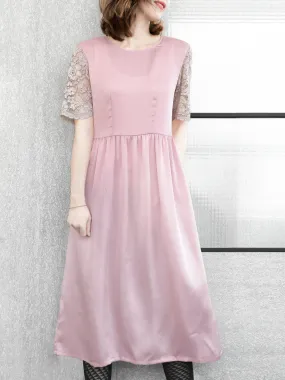 SPECIAL! Light Pink Lace Sleeves Contrast Satin Midi Dress