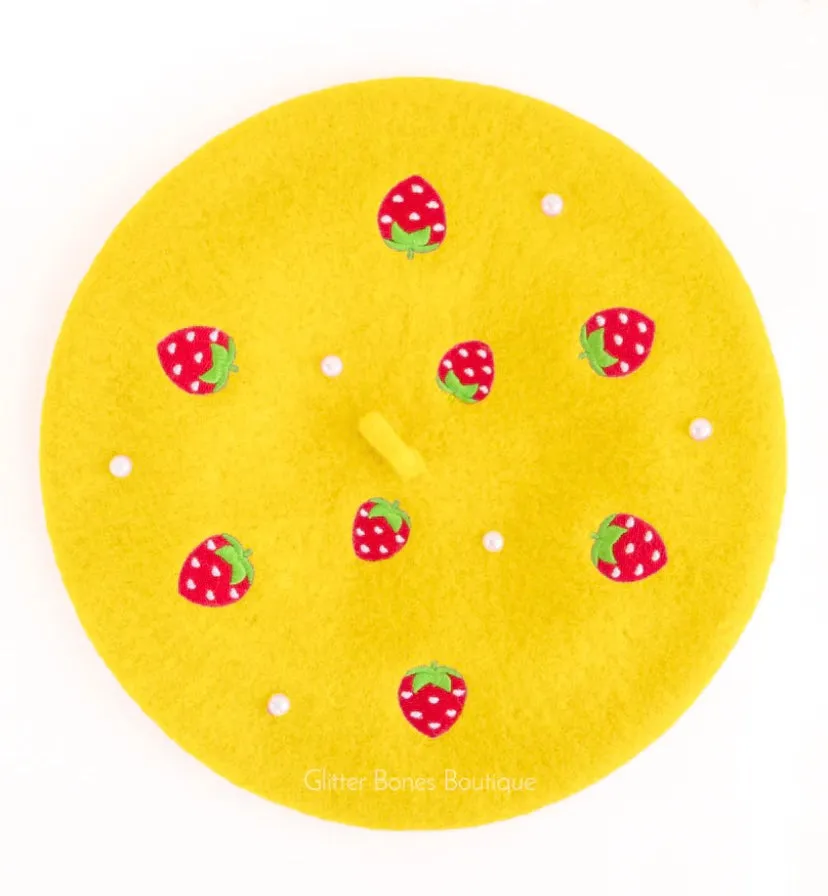 Strawberry Beret Embroidered With Pearls - MULTIPLE COLORS AVAILABLE