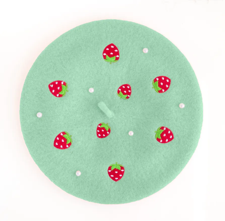 Strawberry Beret Embroidered With Pearls - MULTIPLE COLORS AVAILABLE